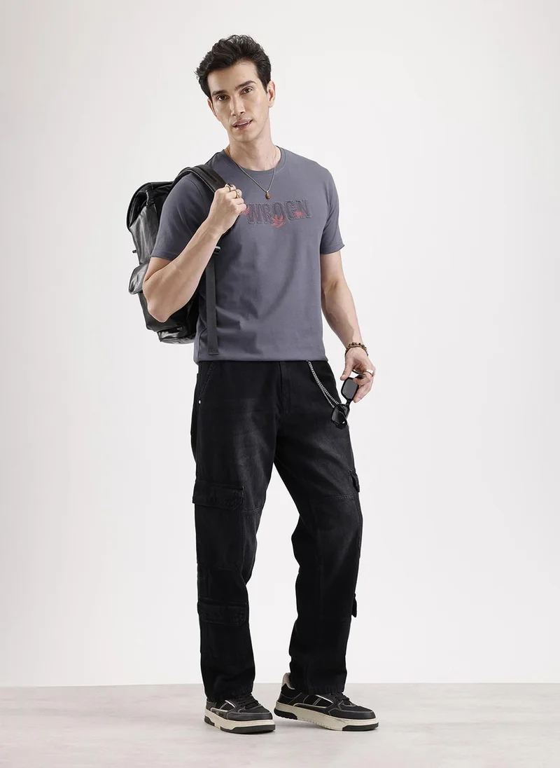 Wrogn Solid Embroidery Patch T-Shirt   |  Grey